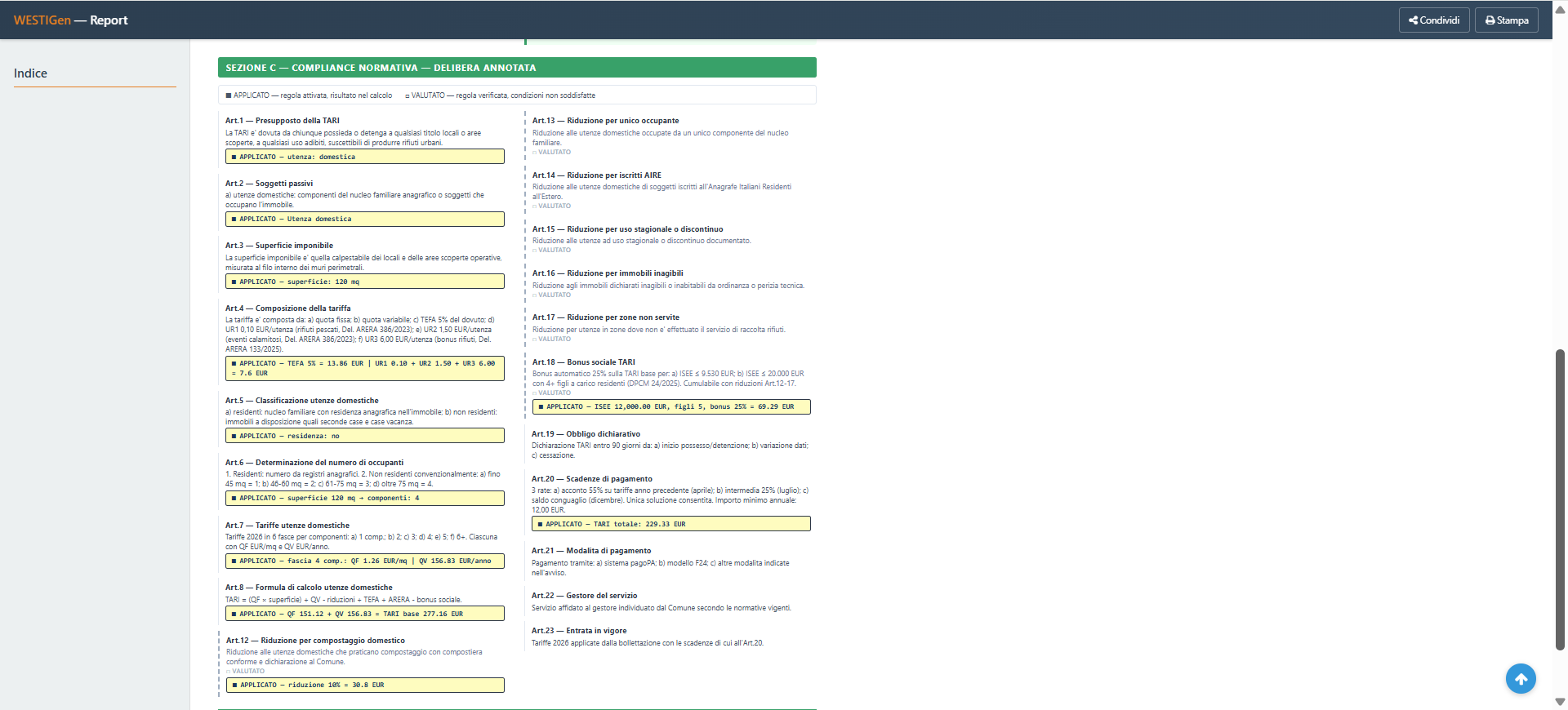 Compliance normativa WESTIGen: ogni articolo della norma annotato come applicato o valutato
