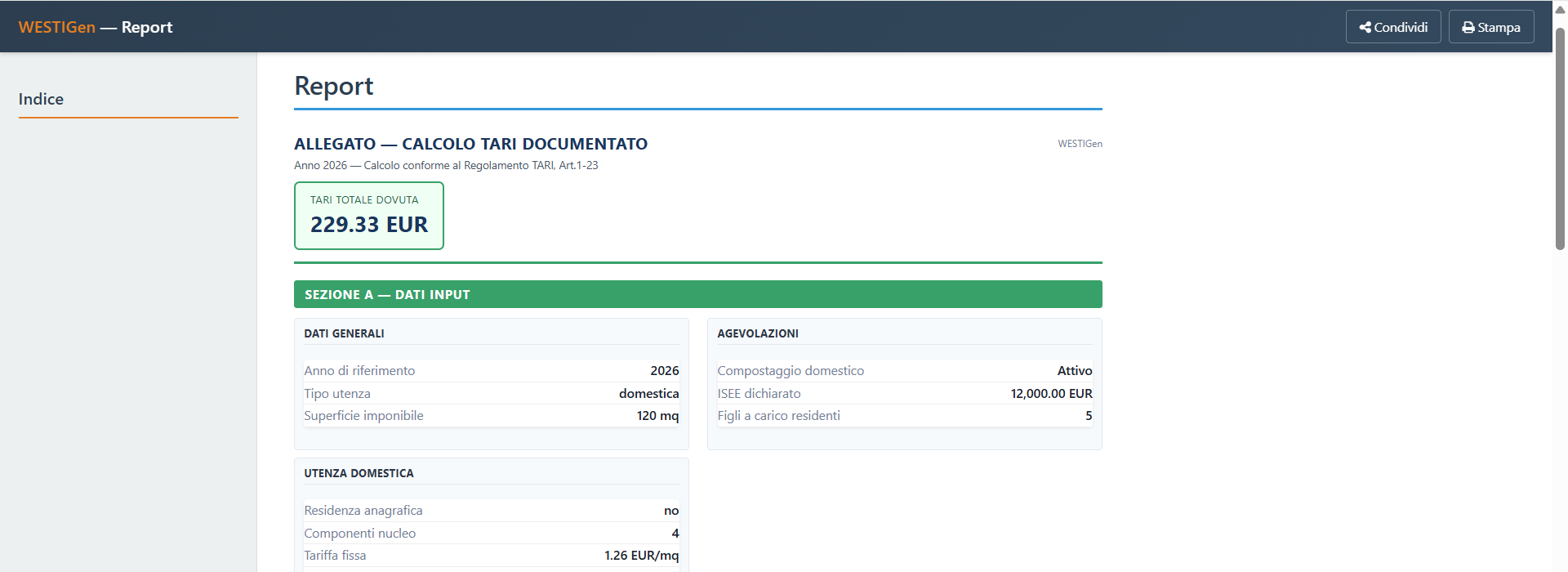 Report WESTIGen: calcolo TARI documentato con totale e dati di input